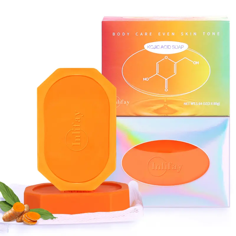 Inlifay New Turmeric Kojic Acid Soap:Dark Spot Remover For Face and body - Two Color Big bars with Pure Natural Kojic Acid and Retinol (160g, 2 Bars) Orange- New upgraded model Body Care Body Wash