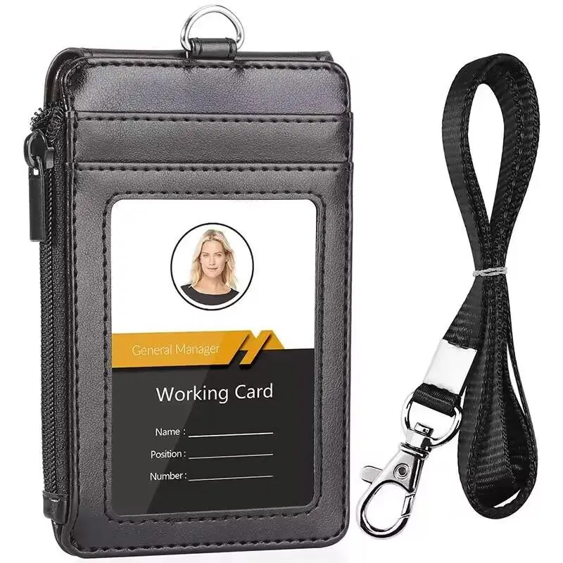 1 Piece Flip Cover Identification Badges with Lanyard, Leather ID Card Holder with Clear ID Window, Durable Comfortable Office Supplies