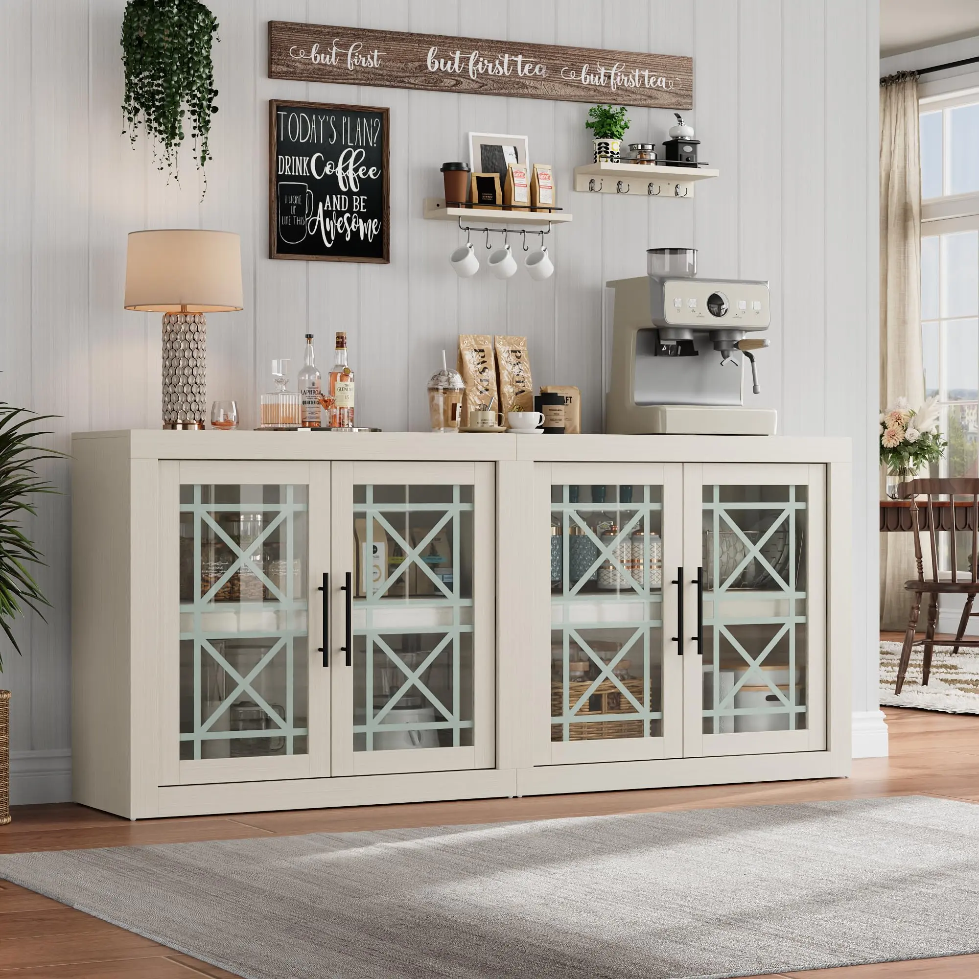 Garvee Large Geometric Durable Floor-Mount 70.9"d x14.6"w x31.5"h White Wood Buffet-Sideboard, 32" Modern Tall Stable Coffee Bar Cabinet with 4 Glass Doors, Assembly Required for Dining & Living Room Use