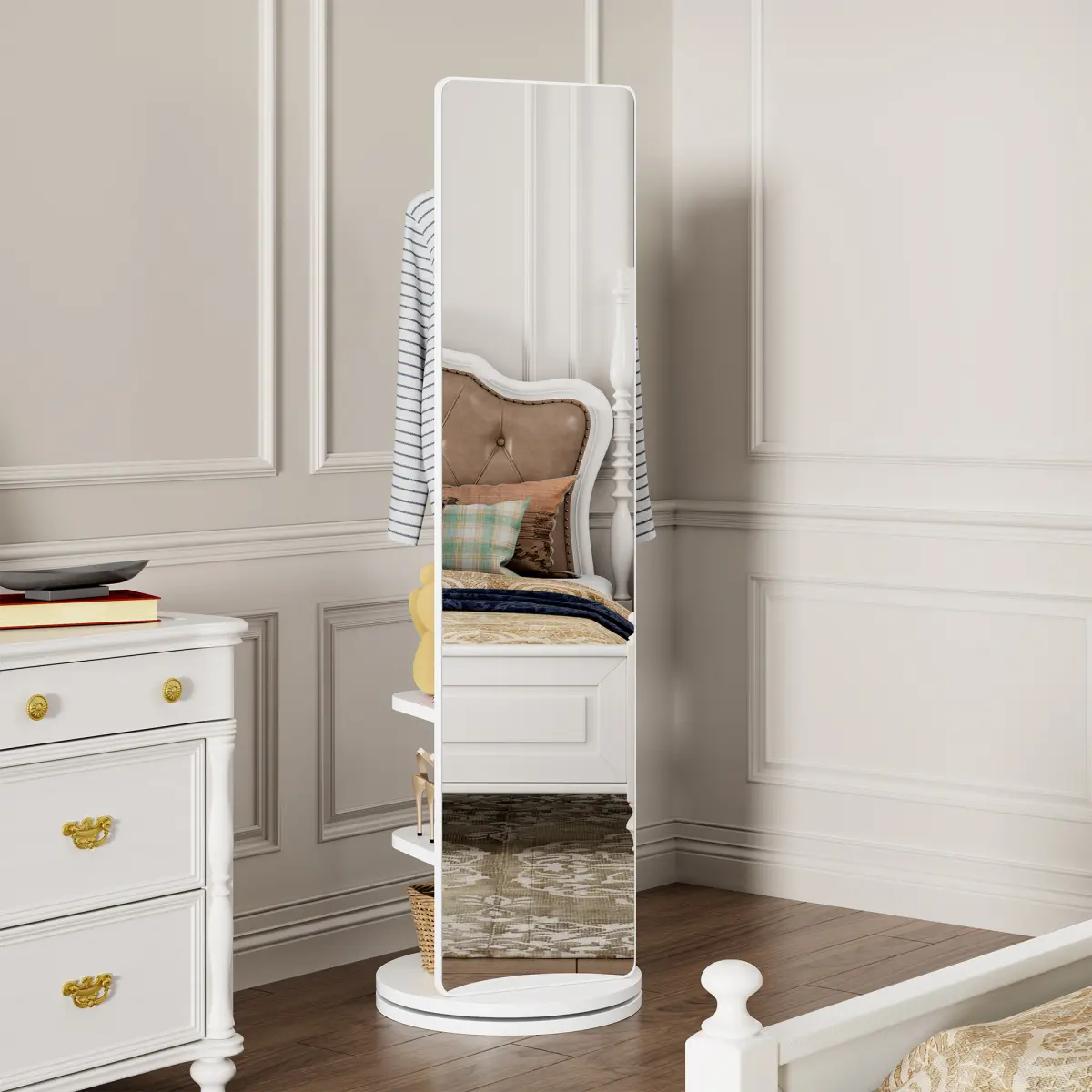 360° Rotating 66"x17.8" Multifunctional Full Length Mirror with Hook Storage Rack Coat Rack with Mirror Solid Wood Floor Mirror Bedroom Living Room Cloakroom Space Saving (white)
