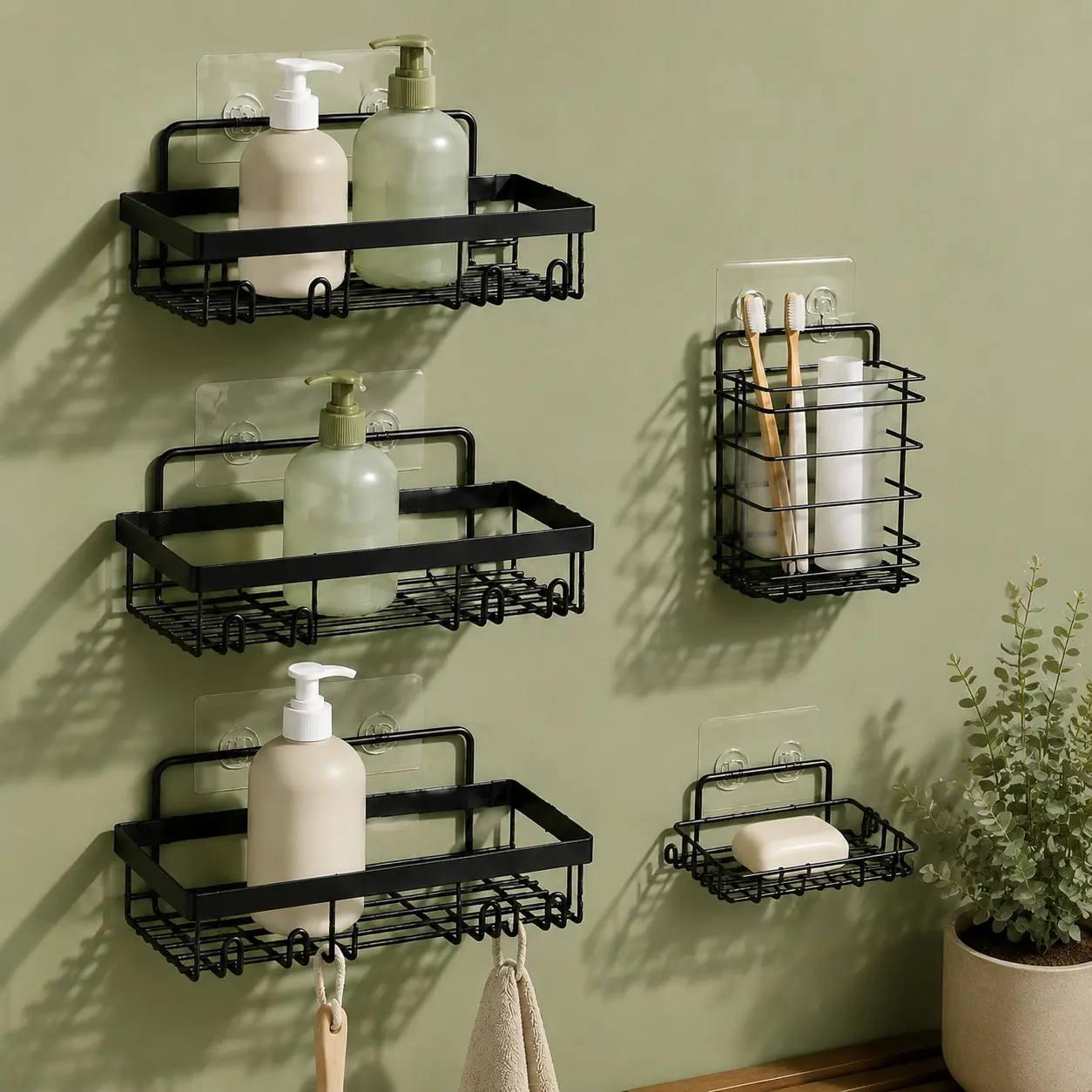 5-Piece No Drilling Bathroom Organizer Set, Stainless Steel Wall Mounted Shower Caddy, Large Capacity Shower Shelf with Toothbrush Holder & Soap Dish, Rustproof Waterproof Storage Rack, Modern Minimalist Black