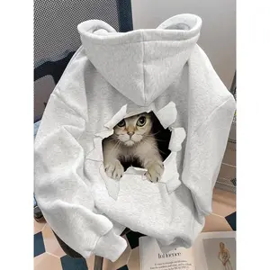 Women's Cartoon Cat Print Hoodie, Fashion Casual Hooded Sweatshirt for Daily Holiday Outdoor Wear, Women Clothing for Fall & Winter