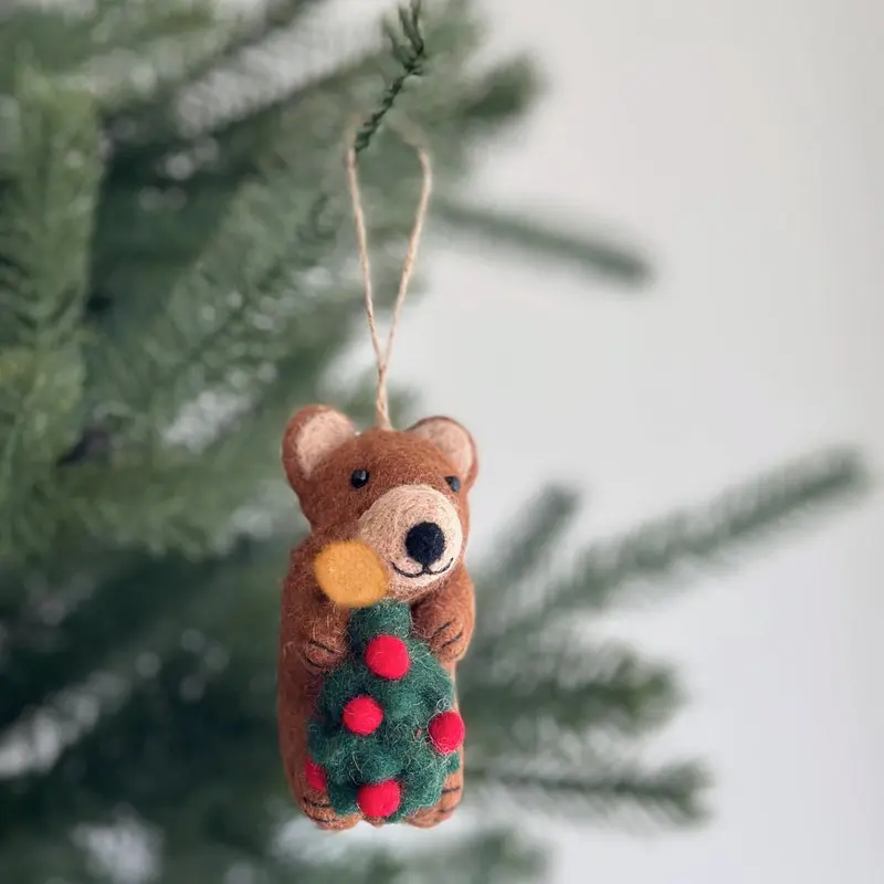 Handmade Craft Felted Wool Brown Bear Christmas Tree Ornament - Scarf-Accented Miniature Figurine, Basic 1-Piece All Seasons Festive Home Decor, 3.5"