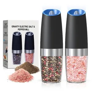 2-Pack Sturdy Black Battery-Operated Gravity Electric Salt and Pepper Shaker Set, LED Light, Adjustable Roughness, 6 AAA Batteries Required per Shaker, Kitchen Household Seasoning Tool
