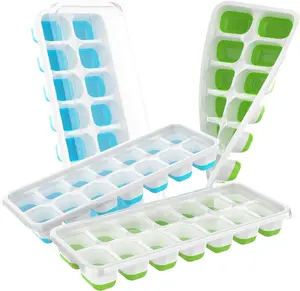 Ice Cube Tray with Lid, 4 Packs 56 Cubes Durable Stackable Ice Cube Trays for Freezer with Removable Lids, Easy-Release Plastic & Silicone Ice Tray for Cocktail, Coffee，blue and green