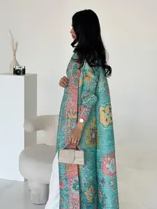 Miyake Women's Baroque Style Abaya Long Robe Jacket, Ethnic Fashion Pleated Belted Design, Loose Fit Casual Everyday All Seasons Outerwear