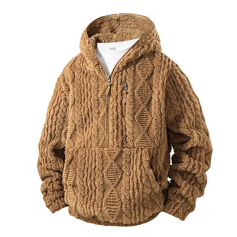 cable textured sherpa hoodie、quarter zip fleece pullover、fluffy teddy fuzzy jacket、thermal winter warm top、oversized casual streetwear、drawstring hood kangaroo pocket、jacquard sherpa outerwear Womenswear Adjustable