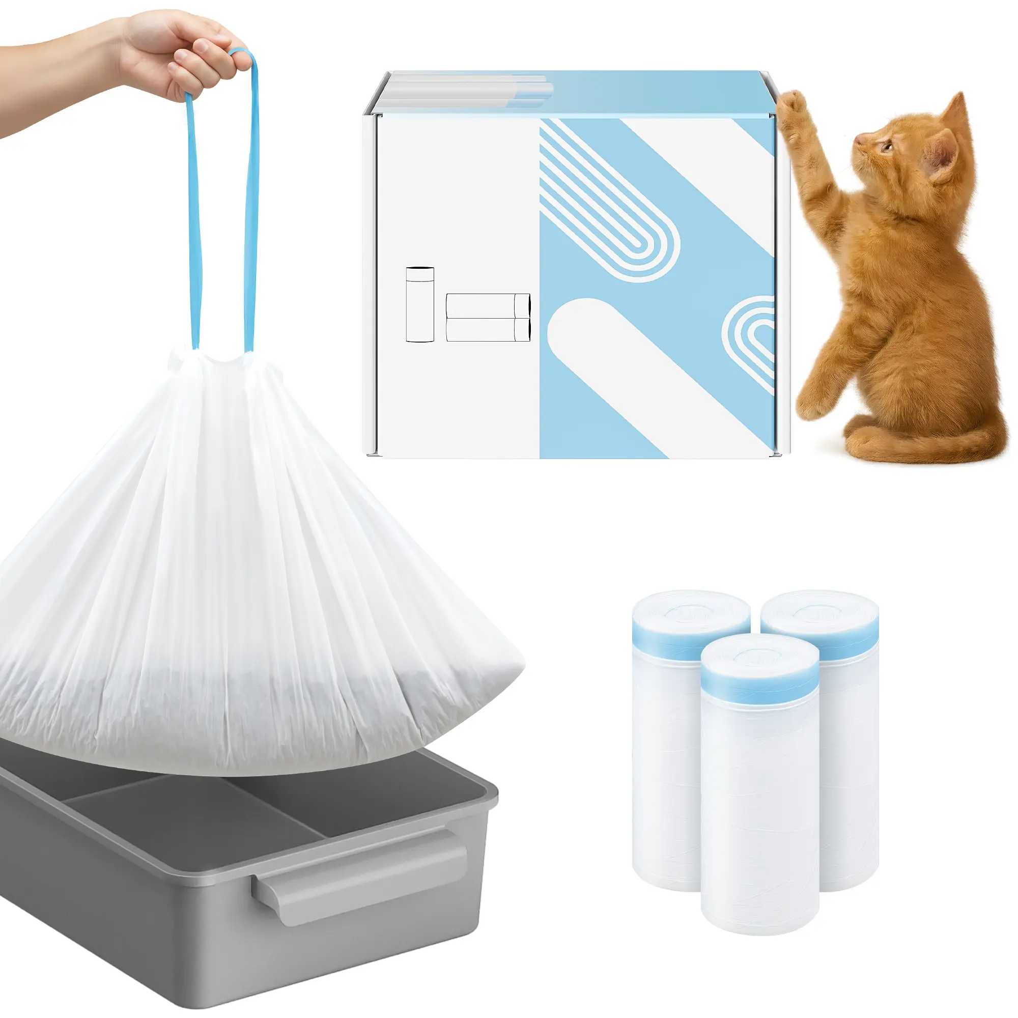 Alifuraha Leakproof Odor Seal Cat Litter Box Liners, 45-Count Thick Heavy-Duty Rip-Resistant Plastic Drawstring Bags, Quick Tear, Universal Fit for Automatic Litter Boxes, Odor Seal Litter Box Liners