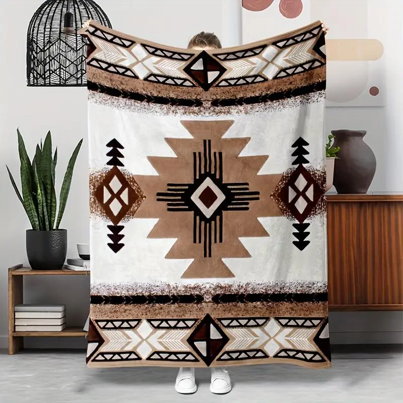 Southwest Native American Pattern Flannel Blanket - Hypoallergenic, Tear-Resistant, Knitted Polyester Fiber, Multi-Functional for All Seasons Suitable for Sofa, Camping, Travel - Fashionable Mixed Color Gift for Family and Friends