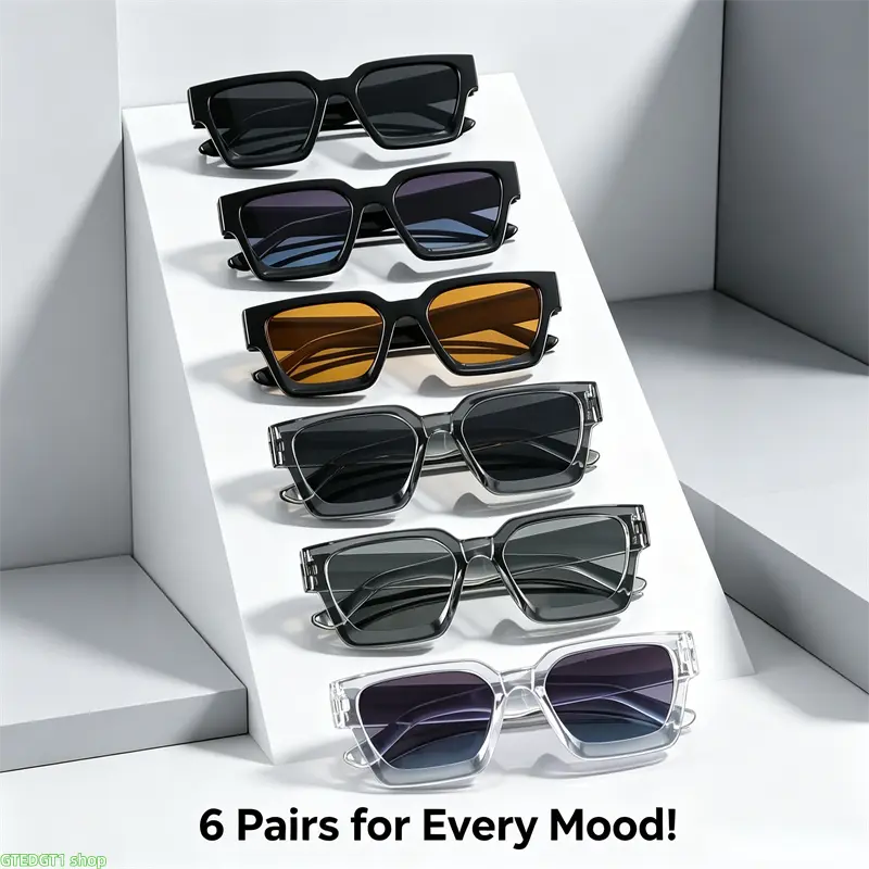 6 Pack Unisex Bold Square Polarized Sunglasses, Thick Clear Frame Lightweight Fashion Shades, Retro Glasses With Multi Color Lenses For Beach, Driving, City Walks And Summer Trips homedecor