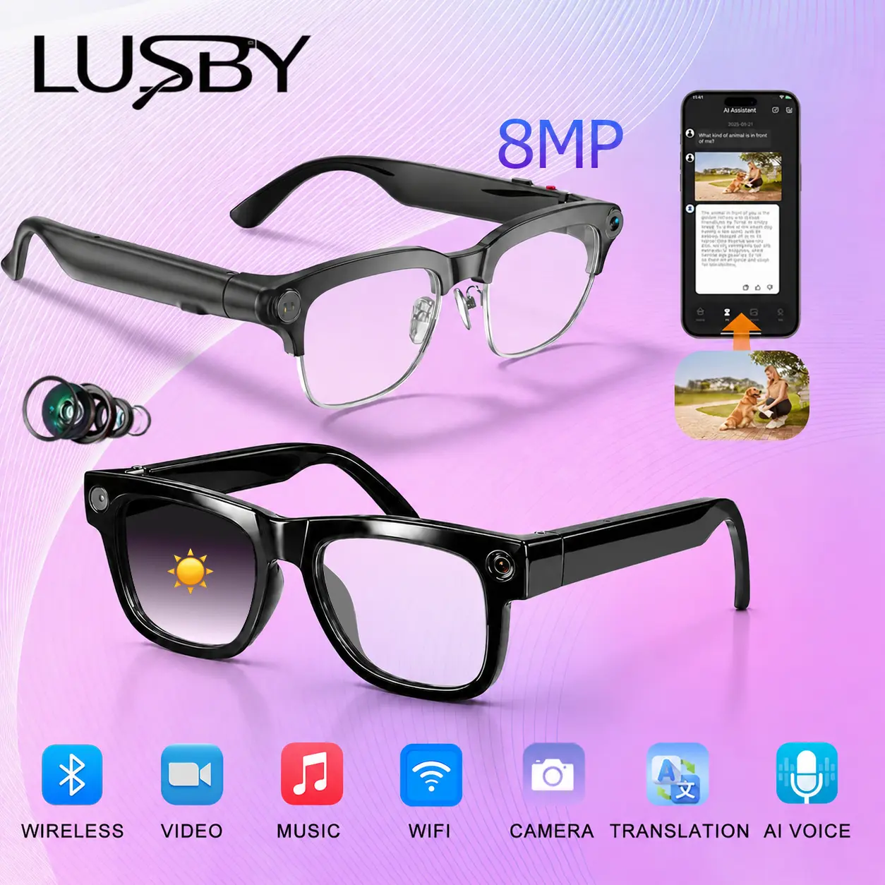 LUSBY Smart AI Camera Glasses with 8MP Photochromic Lenses ,Button Touch Adjustment for Travel Outdoor Adventures Hands-Free Photography 160+Languages Real-Time Translation Bluetooth Wireless Wearable Video Recording UV Protection ,Easter gift