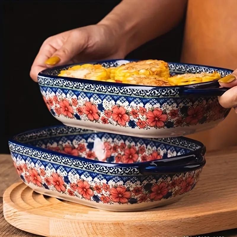 Hand-Painted Ceramic Roasting Pans with Handles, Round Floral Design Snow Plum Blossom Bakeware, Oven Safe, Casserole Dish, Cheese Baking, Lasagna Pan