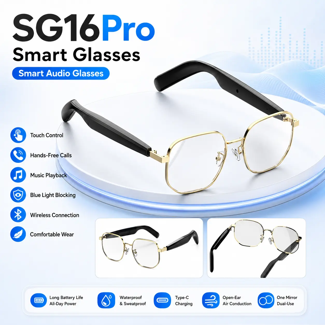 SG 16 PRO Wearable Wireless Audio Smart Glasses - Lightweight Modern Touch-Control Device with Bluetooth, Built-in Microphone & Speaker, UV Protection, Digital Black for Music, Gaming, Running