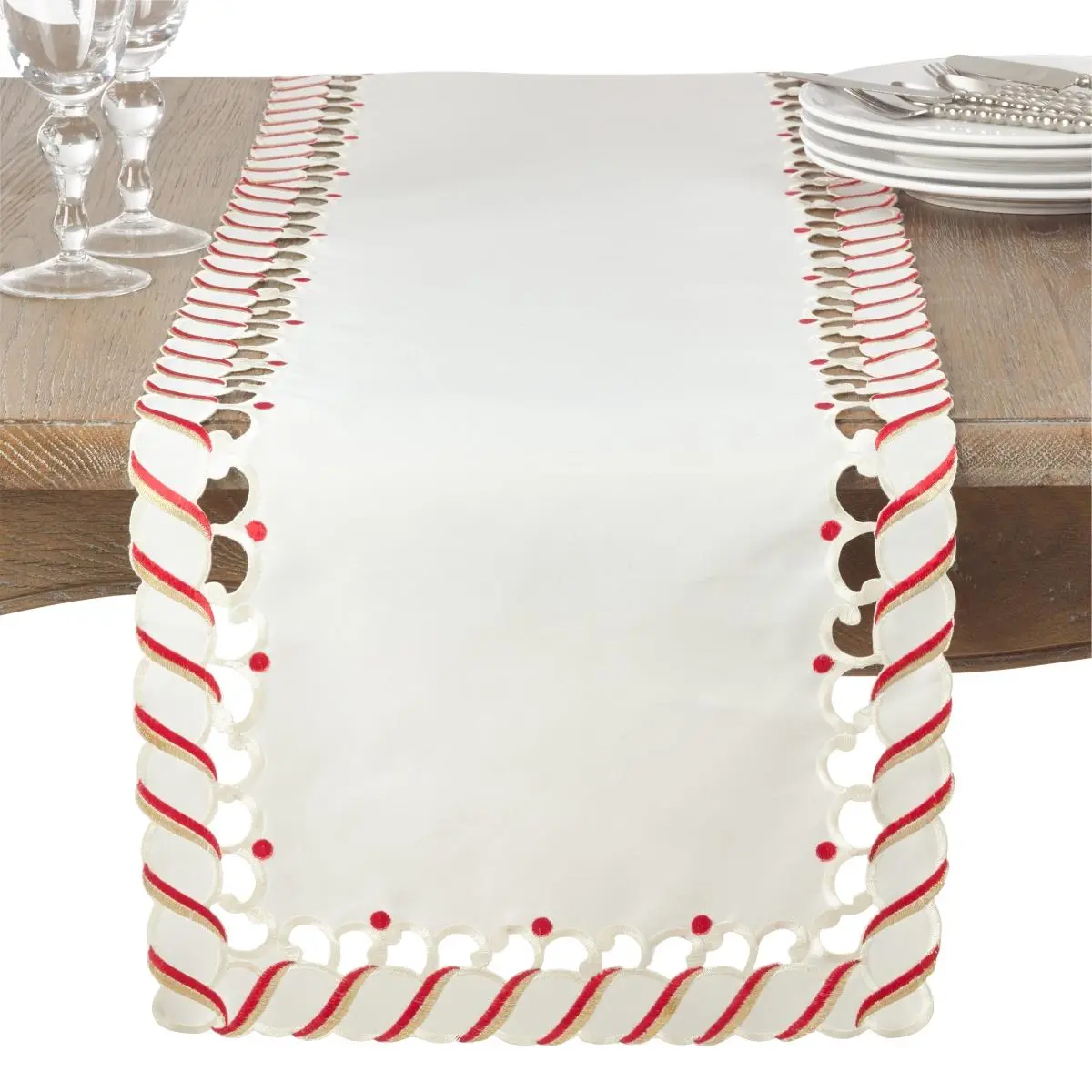 Saro Lifestyle 1633.I16108B 16 x 108 in. Candy Cane Design Christmas Holiday Table Runner, Ivory