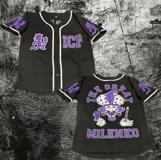 Black & Purple Milenko Baseball Jersey, ICP Juggalo Button Up Jersey, Horrorcore Fan Shirt