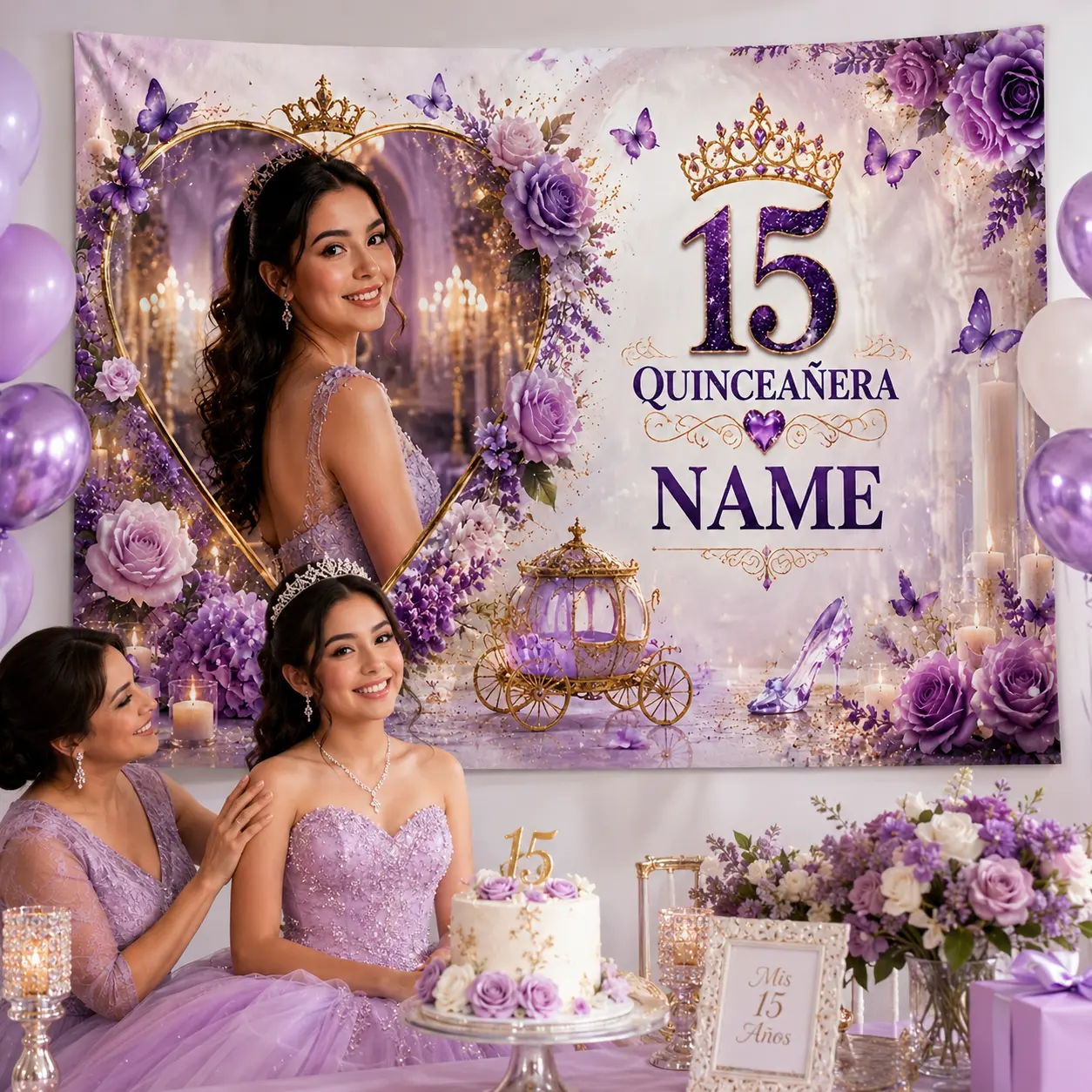 Custom 15th Birthday Party Backdrop Tapestry Personalized Photo Name Purple Princess Celebration Banner Elegant Event Wall Decor for Girls Sweet Celebration