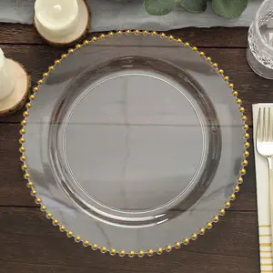10-Pack Plastic Round Dinner Plates 10" Clear with Gold Beaded Rim - Disposable Party Plates