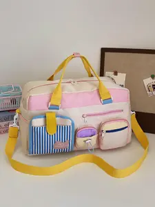 Large Capacity Colorblock Travel Bag, Cute Striped Pocket Handbag, Sweet Fashion Multi-Layer Shoulder Bag, Stylish and Practical, Travel Duffle Bag