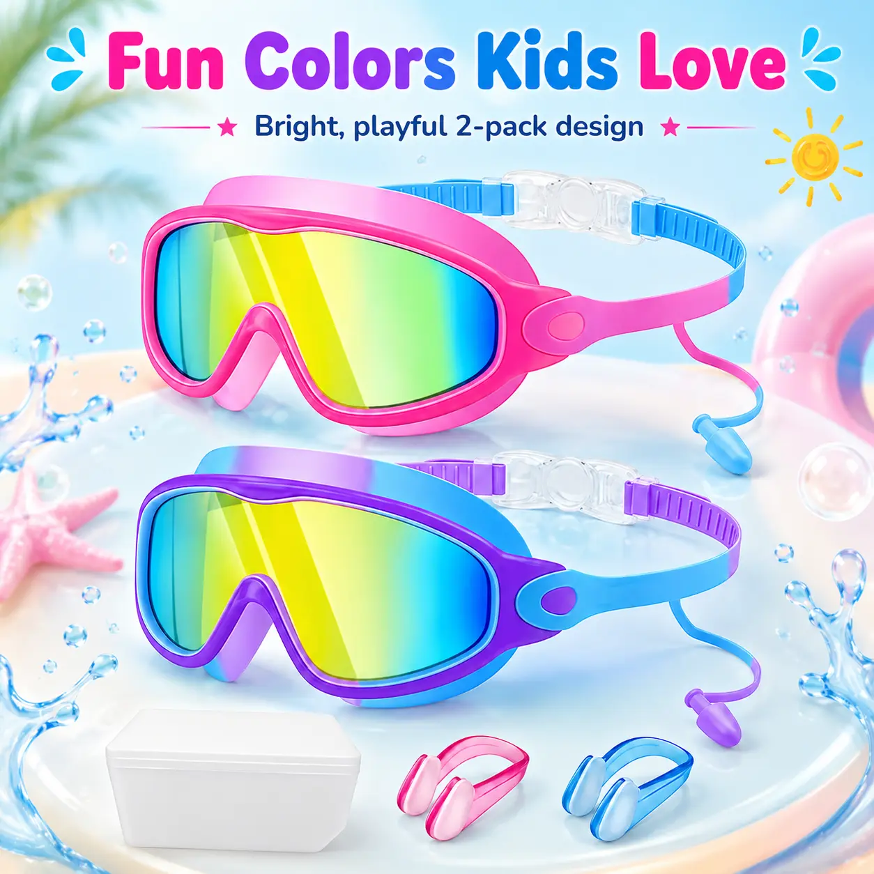 2-Pack Silicone Swimming Goggles - UV Protection, Anti-Fog, Leak-Proof, Adjustable Strap for Kids & Adults, Ideal for Pool & Beach Use