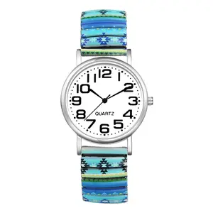 Women’s Elastic Watch, Quartz Analog Easy Reader Watch with Large Arabic Numerals, Bohemian Printed Stainless Steel Expansion Band, Stretch Bracelet Watch for Daily Wear