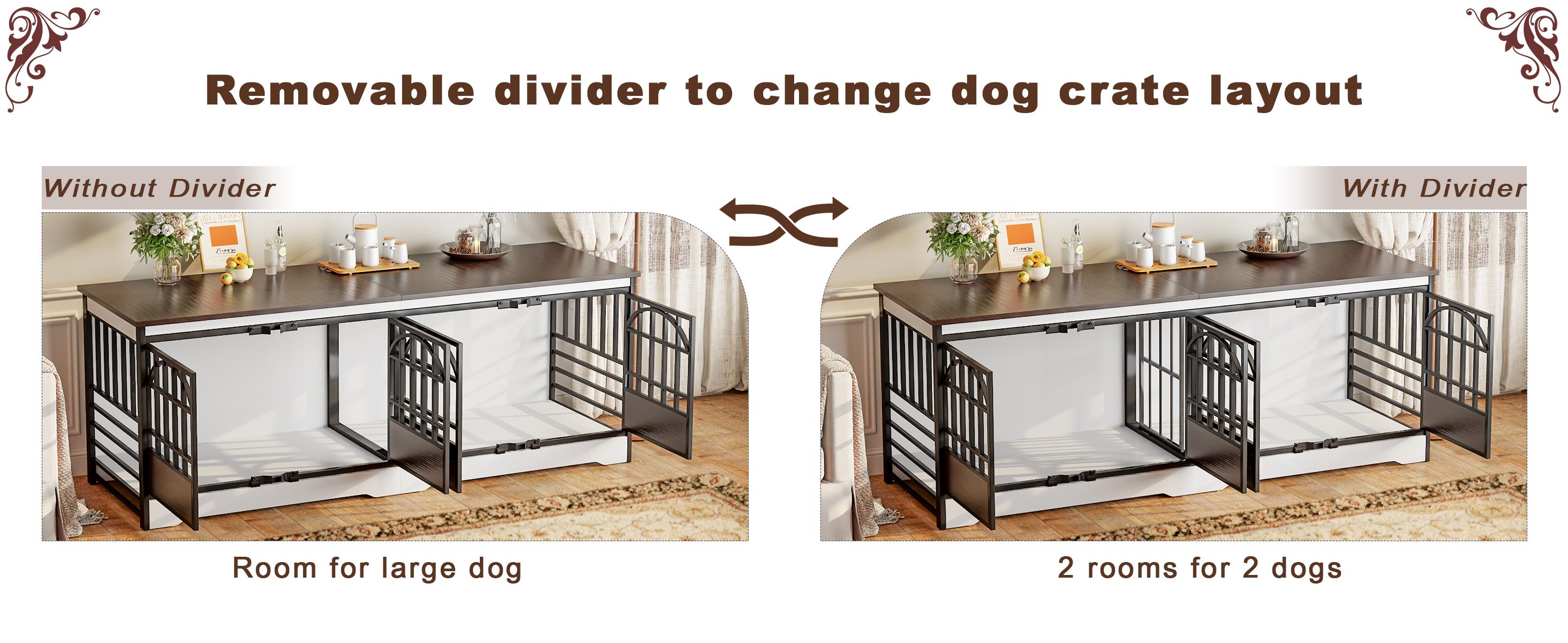 COZPAW 86 Inch Double Dog Crate Furniture for 2 Dogs, Decorative Dog Kennel Indoor TV Stand, Heavy Duty Wooden Dog Cage for Large Medium Dogs Sized Dog Pet House with Divider (Brown)