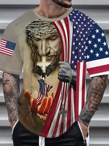 2026 Men's Christian American Flag T-Shirt Fitted, 3D Print Jesus Cross Eagle Long Sleeve Casual Streetwear Top