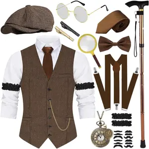 VillbeCoser 1920s Mens Costume, Roaring 20s Costumes Accessories Set Vest Foldable Crutches Fedora Hat Pocket Watch Tie