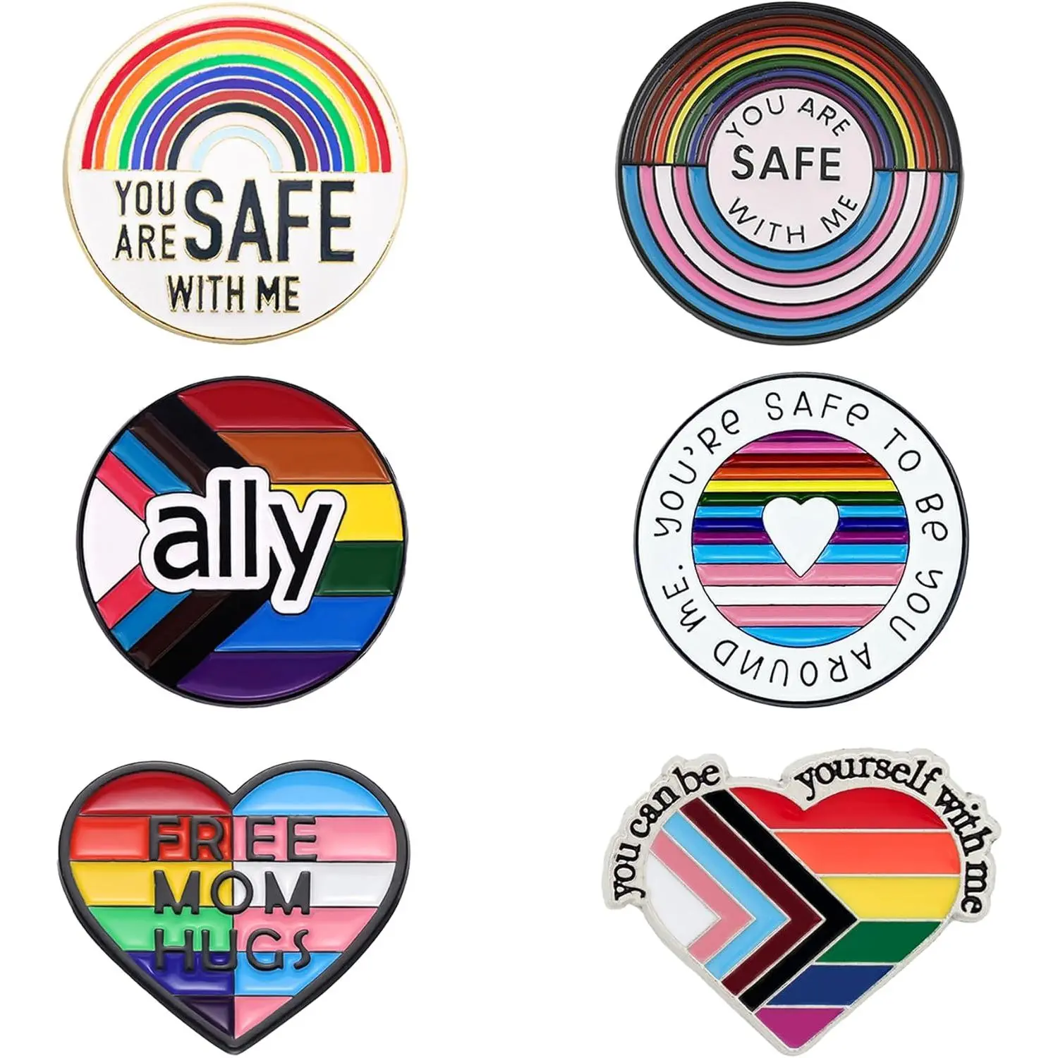 3/6PCS LGBTQ+ Pride Pins Set Progress Pride Ally Pin Badges Flag Button Rainbow Enamel Brooch You're Safe with Me Can Be Yourself Free Mom Hugs LGBT Gay Lesbian Trans Accessories