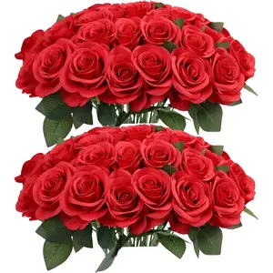 FAVOWREATH 12/24/48Pcs Artificial Roses Long Stem Silk Flowers Bouquet Realistic Fake Roses for Wedding Bridal Shower Party Table Centerpieces Home Decor DIY Floral Arrangements Valentine's Day Gift High Quality Faux Roses
