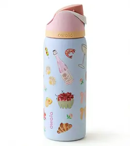 Owala 32oz Rosé & Croissant Print   - Cutest Picnic Inspired Design for Beach Days & Brunch Runs - Keeps  Icy Cold All Day - Fashion Accessory travel drinkware beverage coffee  floral Pure Copper Water Bottle with Bag Glass Juice Lids and Straws duck can