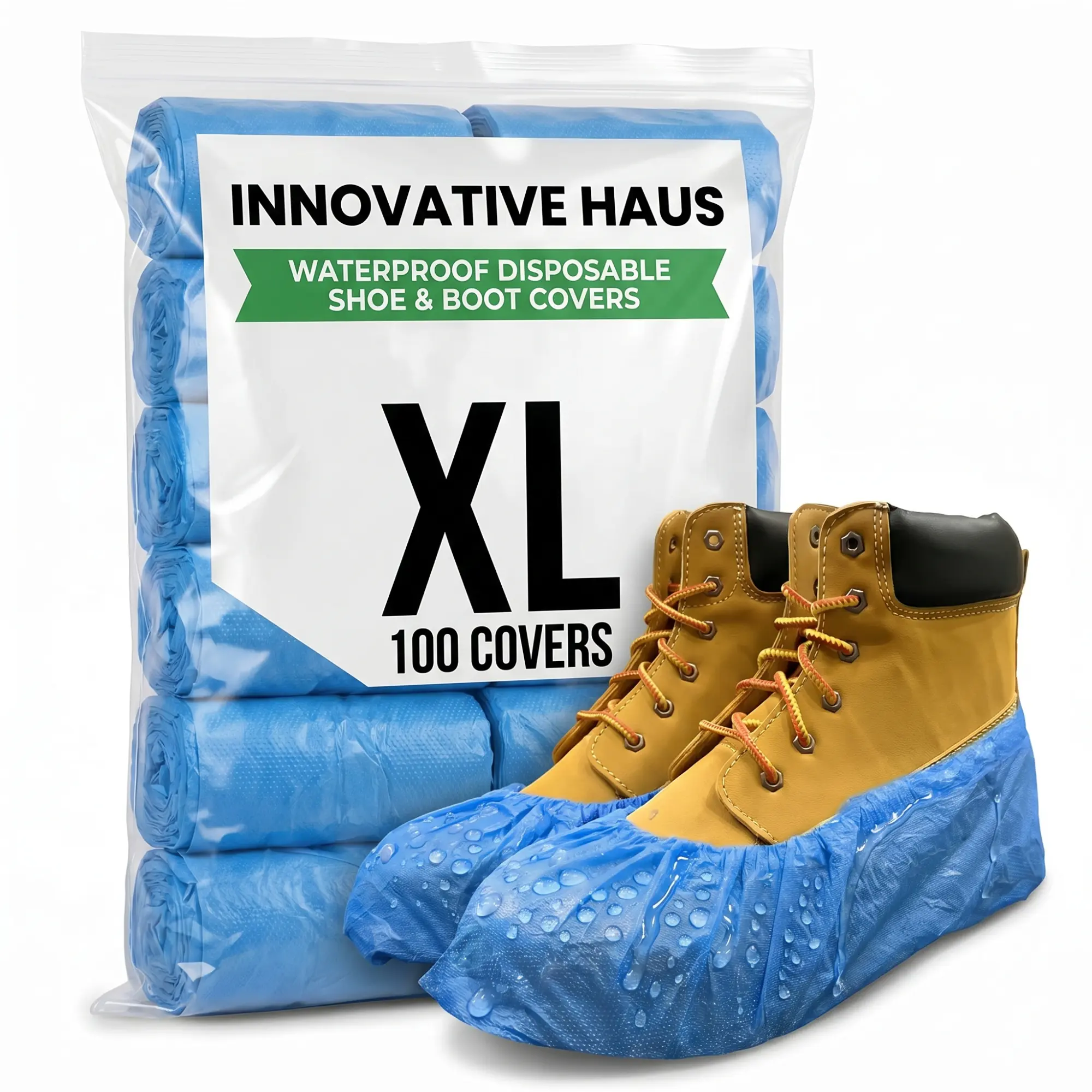INNOVATIVE HAUS Premium Thick Extra Large Waterproof Disposable Boot & Shoe Covers | Durable, Non-Slip, Textured Treads, 100% Latex Free | Stronger than Competitor-5 Mil |100-Pack Blue|