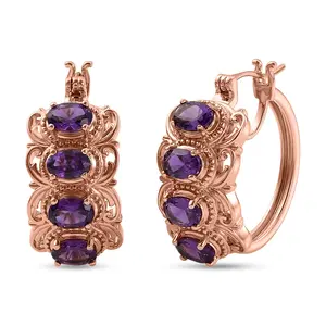 EverTrue African Amethyst Royal Filigree Vintage Hoop Earrings in 14K RG Over Copper 3.20 ctw