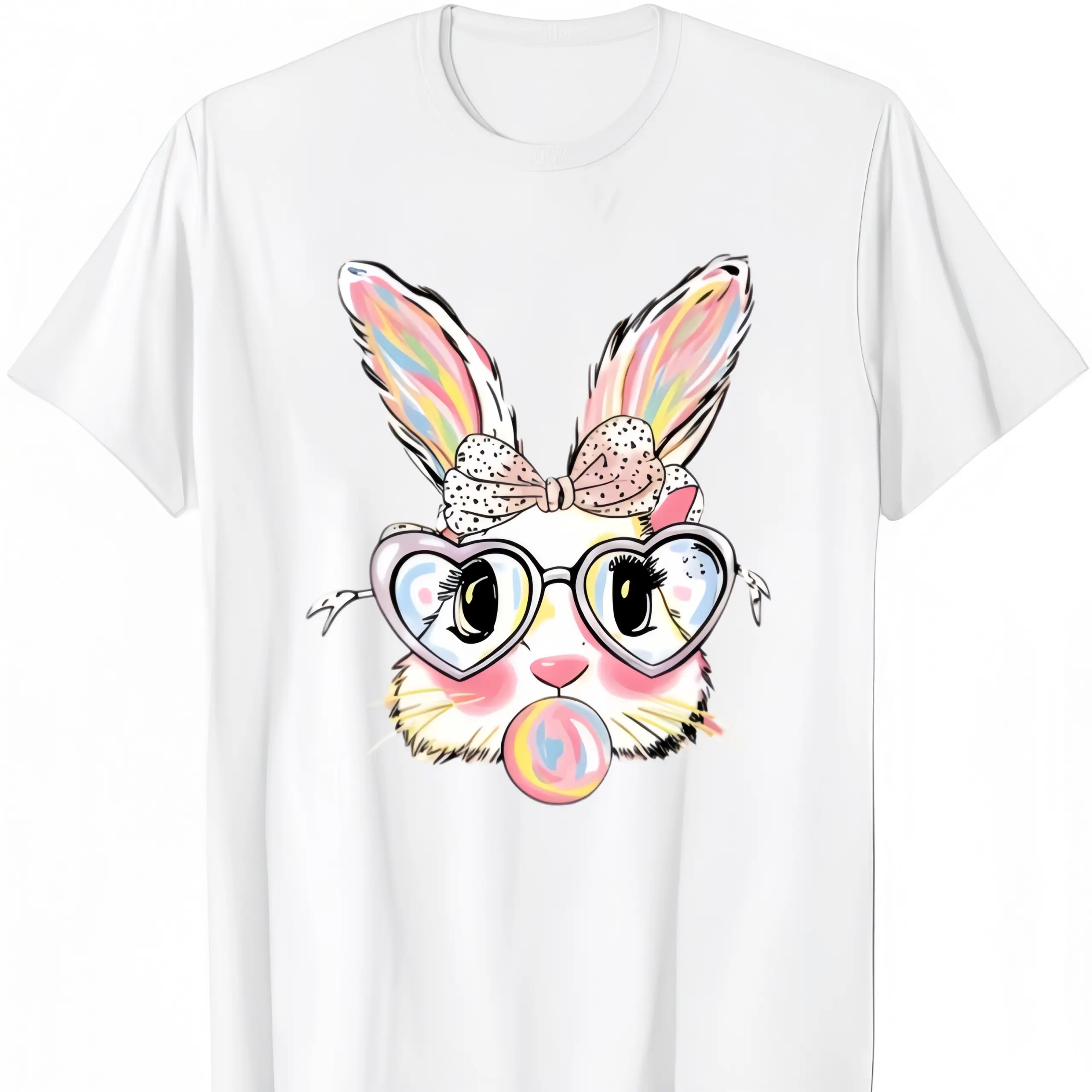 Bubblegum Bunny with Heart Glasses Graphic T-Shirt,Pastel Easter Bunny Print Tee, Trendy Y2K Easter Outfit for Teens & Girls,Crewneck Casual Top Comfortable Short Sleeve