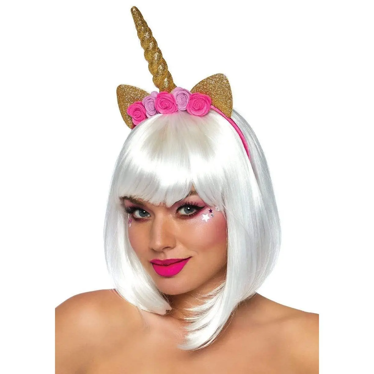 Whimsical Unicorn Headband with Pink Floral Accents, Golden Spiral Unicorn Horn & Glittering Ears - Bling Hair Fashion for a Festival Look, Accessories For Women