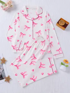 2-piece set for boys and girls, Halloween pink, dyed love bow, long sleeved pants, soft and comfortable button closure, elastic waistband, suitable for all seasons home, casual sleepwear, regular wear, Pajama Lounge Sets