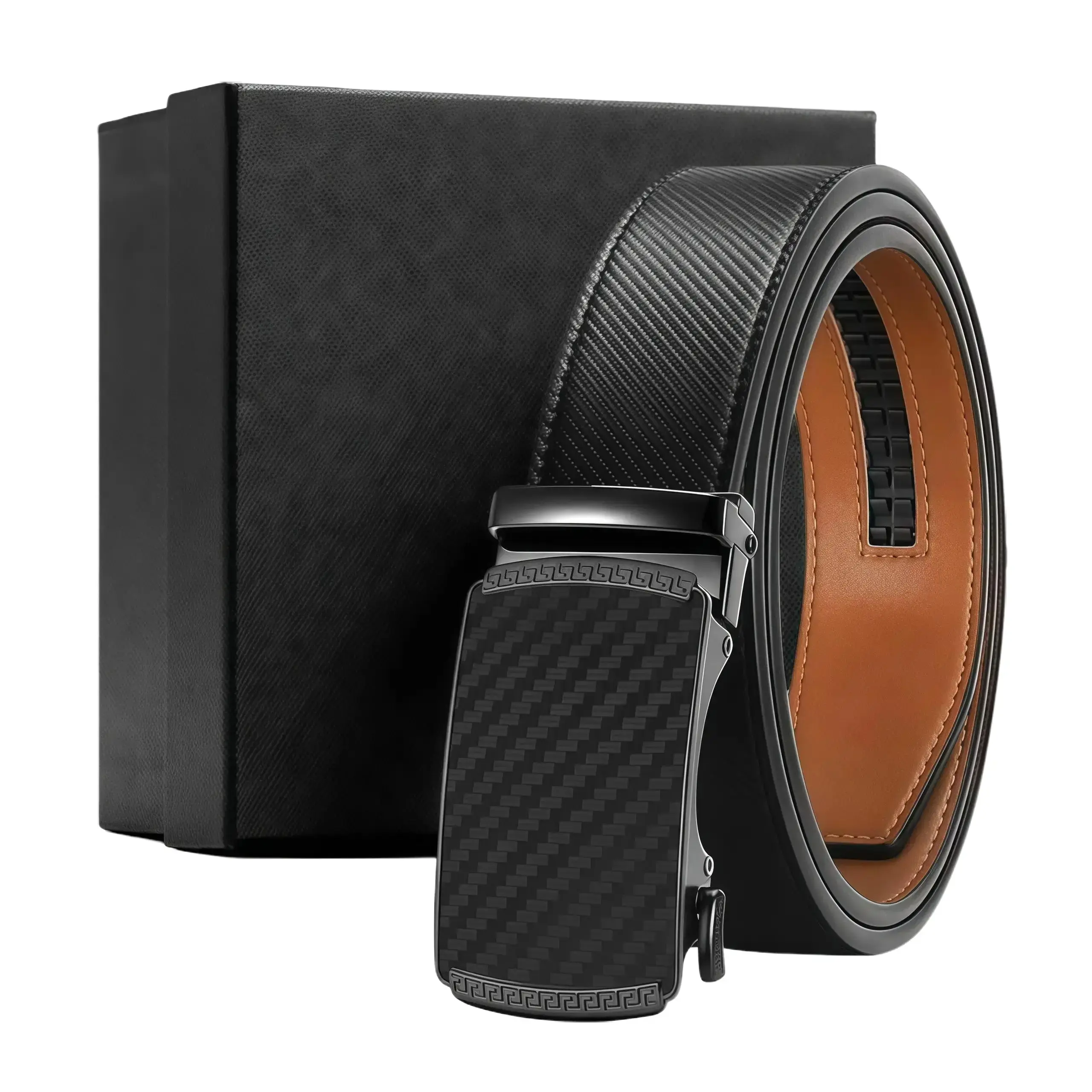YICF Men's Cowhide Leather Black Belt - Automatic Ratchet Buckle with Easy Release, Adjustable Cuttable for 28-48 in, Gift-Boxed Casual Automatic Men's Belt for Dads, Automatic Men's Belts summerwins