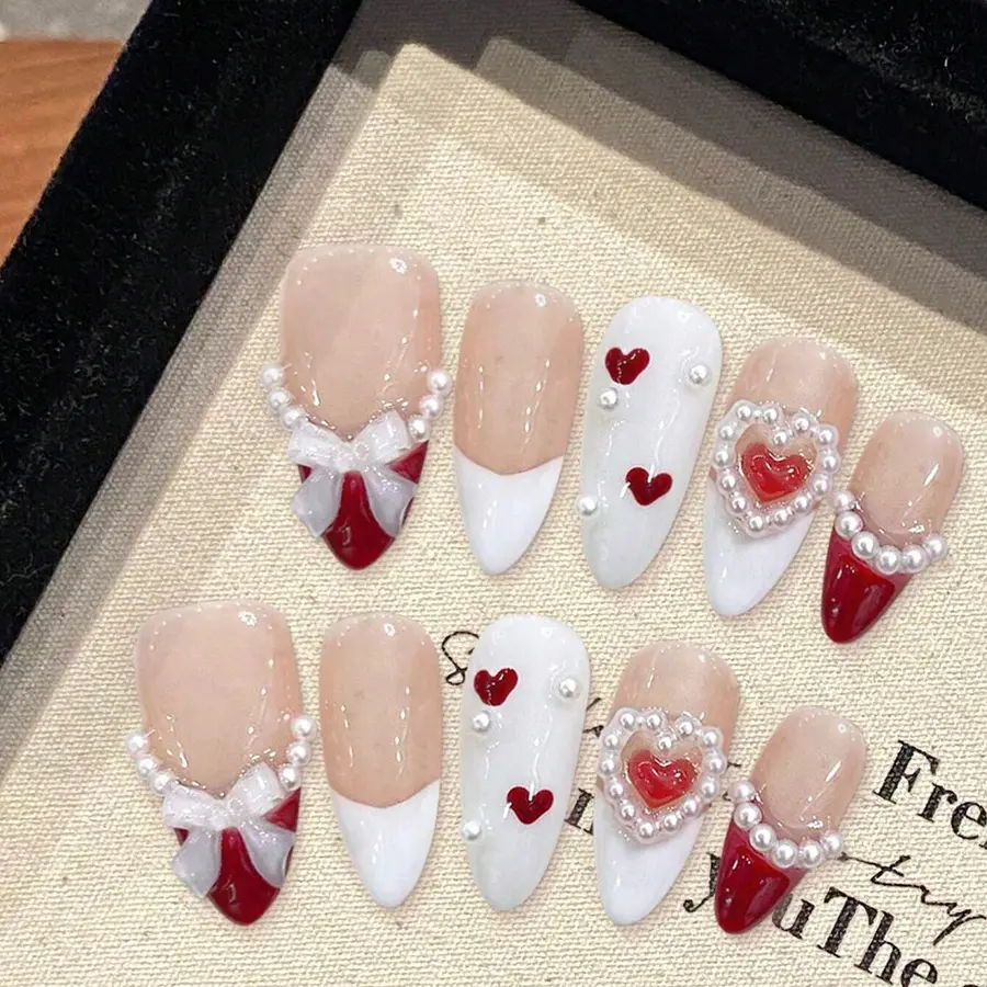 Handmade Press on Nails for Woman, Bow Shaped Heart Shape Design Fake Nails Kit, 10 Pcs Reusable Cute Nails