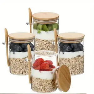 Modern Glass Storage Jar with Wooden Lid & Spoon, 1/2/3/4/8 Counts 18oz Overnight Oats Jar, Salad Food Dressing Canister, Home Kitchen Utensils & Gadgets, Kitchenware