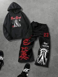 Men's Two-Piece Fashion Casual Set, New York Statue Hoodie & Drawstring Straight-Leg Pants, Loose Streetwear for Spring Fall Winter
