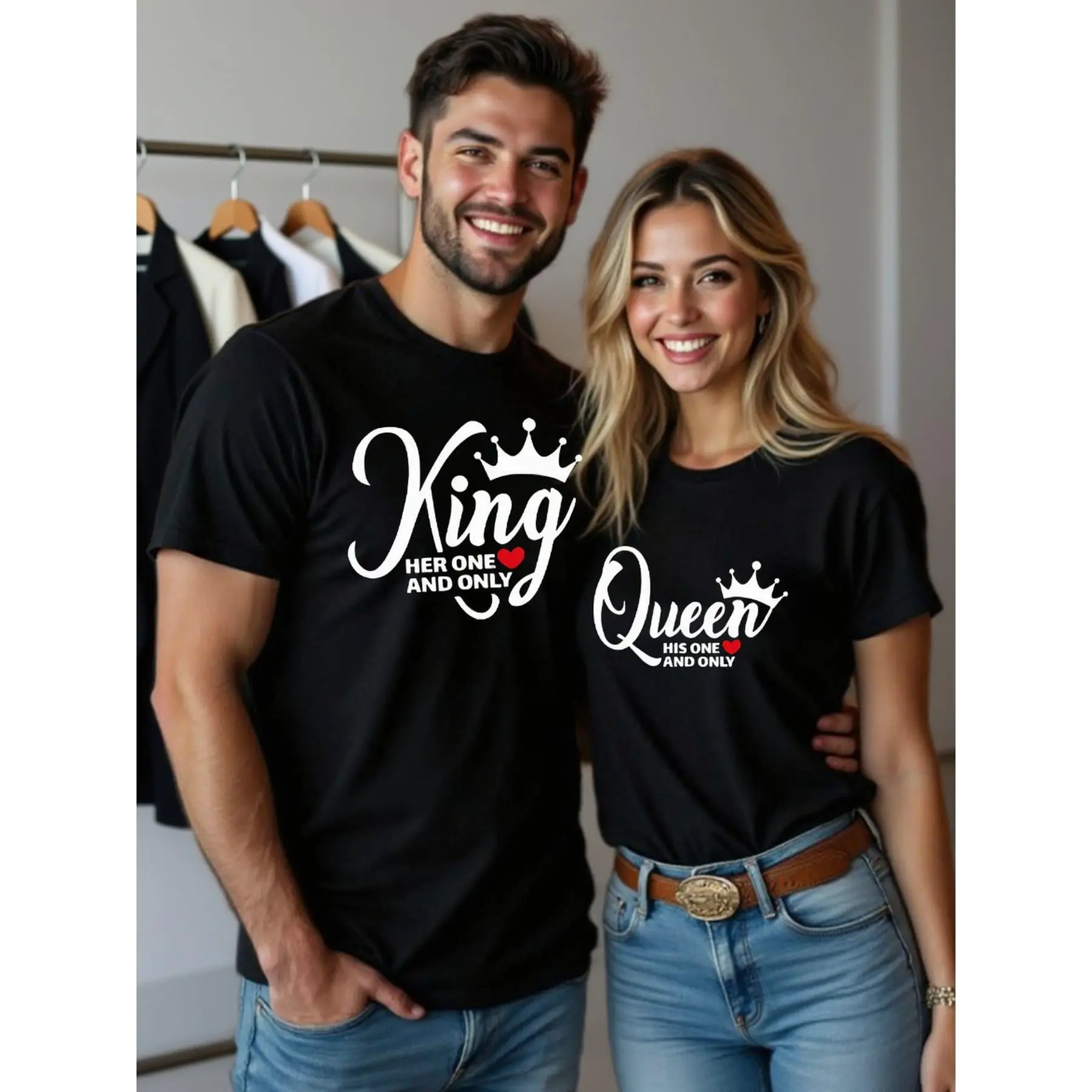 Couple Outfits for Valentine's Day, You Are My One And Only Queen, King Letter Minimalist Fashion Trend Pattern Printed Women's Casual Round Neck Short Sleeve Top. Saint Patrick's Day Easter Day Gift