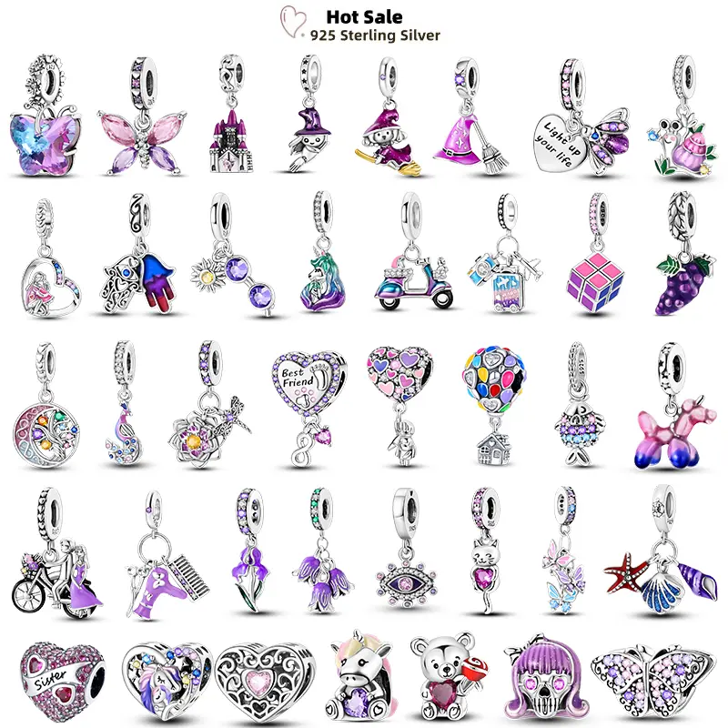 925 Fine Silver Purple Charms for Charms Making - Butterfly, Glass Heart, Feather Clip-On, Luminous Bead Dangle Accessories for Original Pendant Bracelet DIY Jewelry