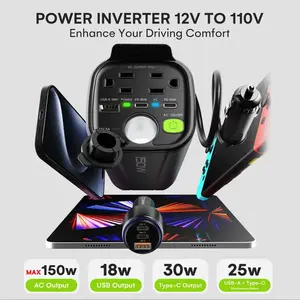 YWZ 150W Car Power Inverter, 12V DC to 110V AC Car Plug Adapter with 2 AC Outlets, 18W USB-A, Dual 30W Fast-Charge PD Car Charger, Cup Holder Power Inverter - Perfect for Laptops, Phones ,iPhone 16 15 14& More On the Go