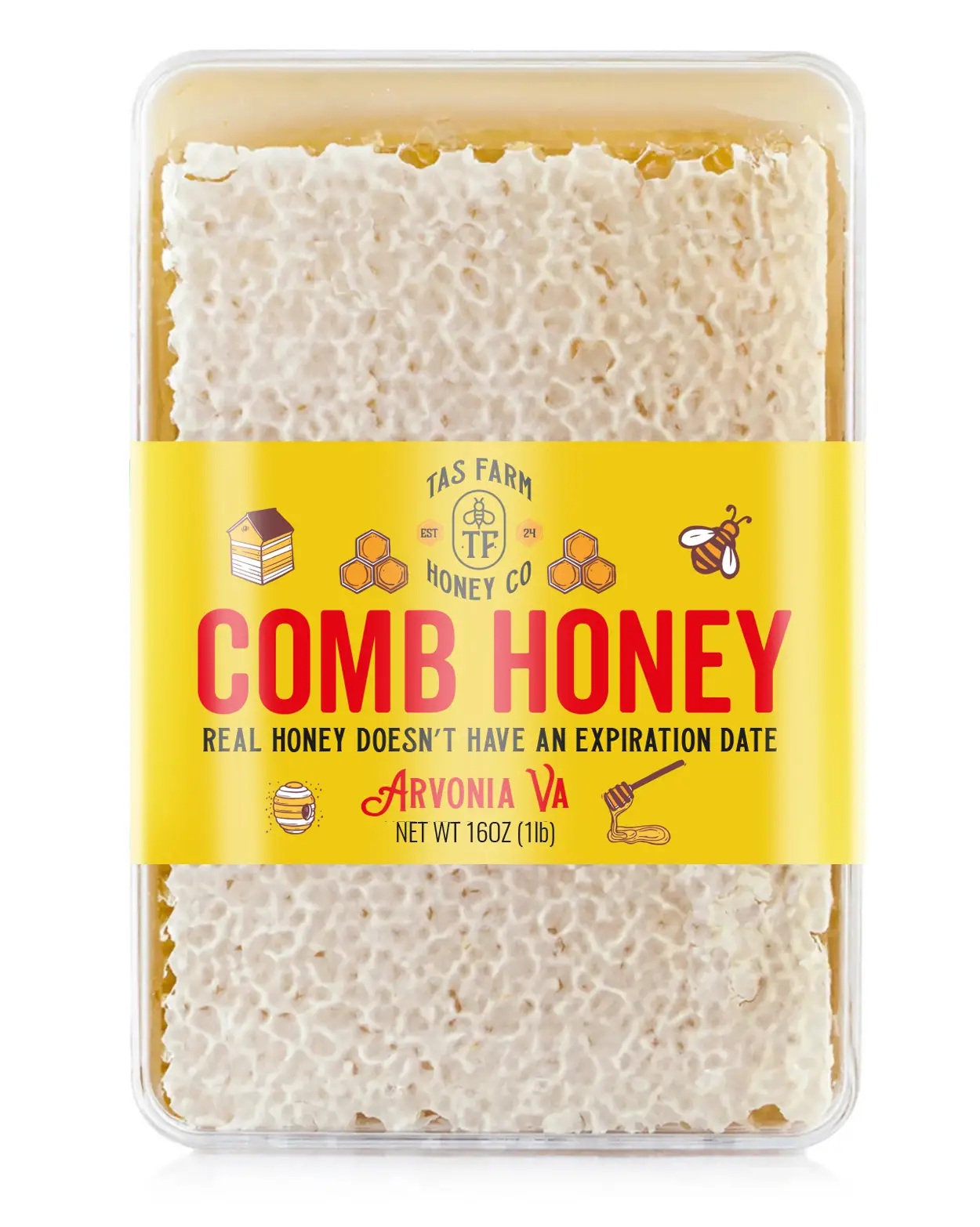 TAS HONEY CO  1 POUND Raw  Real Honey Comb  16oz Container Natural Sweet Flavor