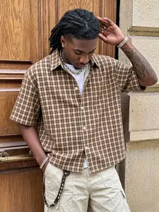 Brown Yellow Plaid Short Sleeve Shirt Men, Y2K Casual Streetwear Vintage Oversized Button Up, Lapel Collared Shirt, Summer Loose Fit Checkered Casual Shirt, For Daily Wear, Street Style, Men's Retro Streetwear