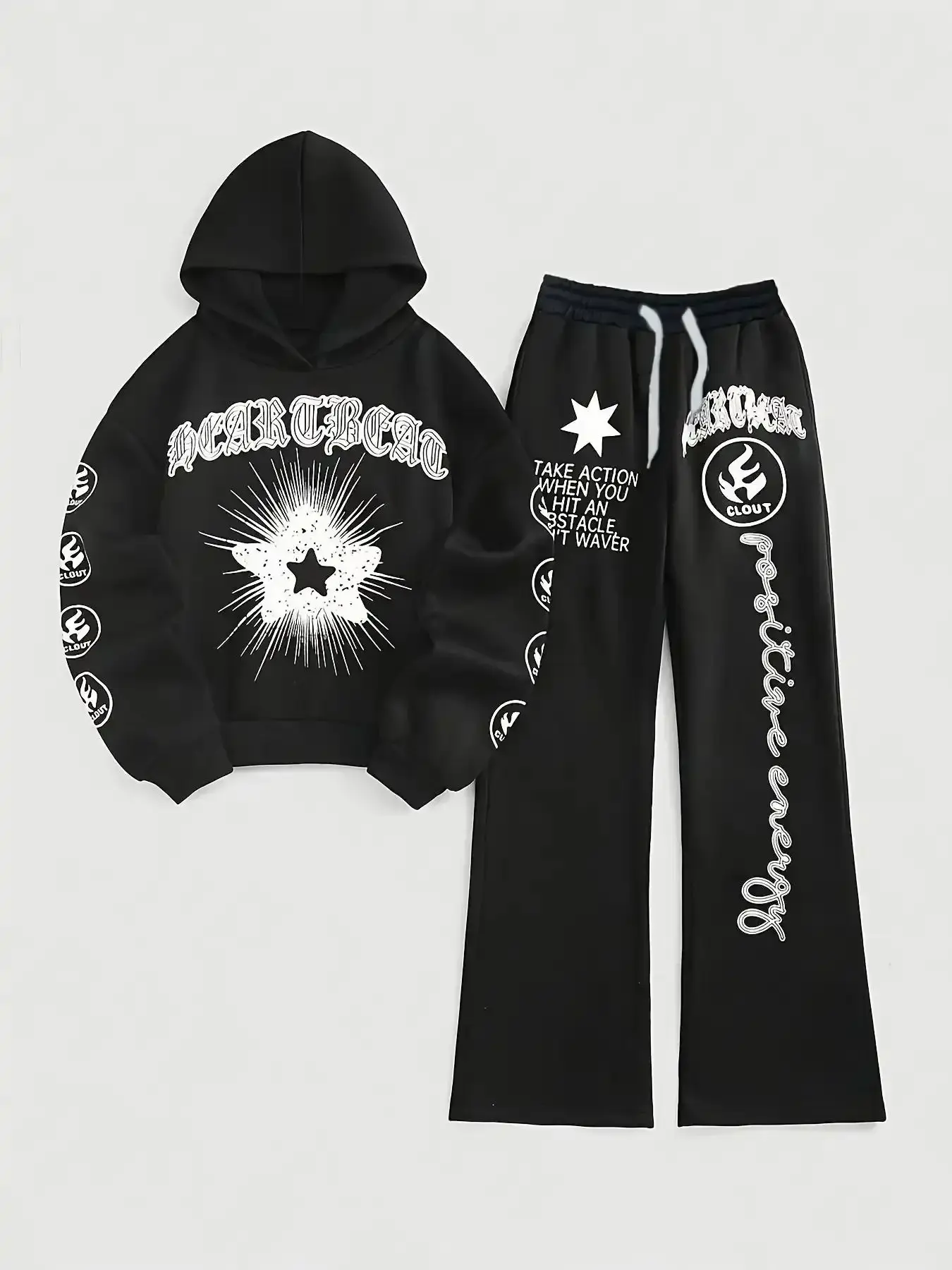 Trend Monogram Print Hooded Sports Hoodie Set with Star, wardrobe staple, active lifestyle, on the go, everyday wear, essential piece, must have item, trendy style, wardrobe essential, must have piece
