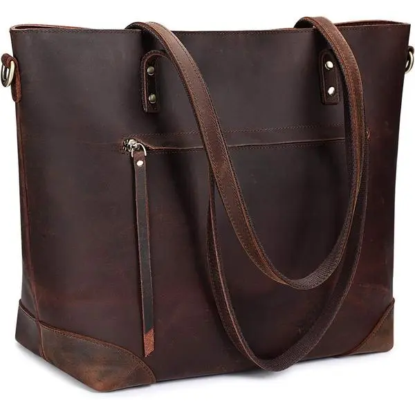S-ZONE Vintage Genuine Leather Shoulder Bag Work Totes for Women Purse Handbag with Back Zipper Pocket Large