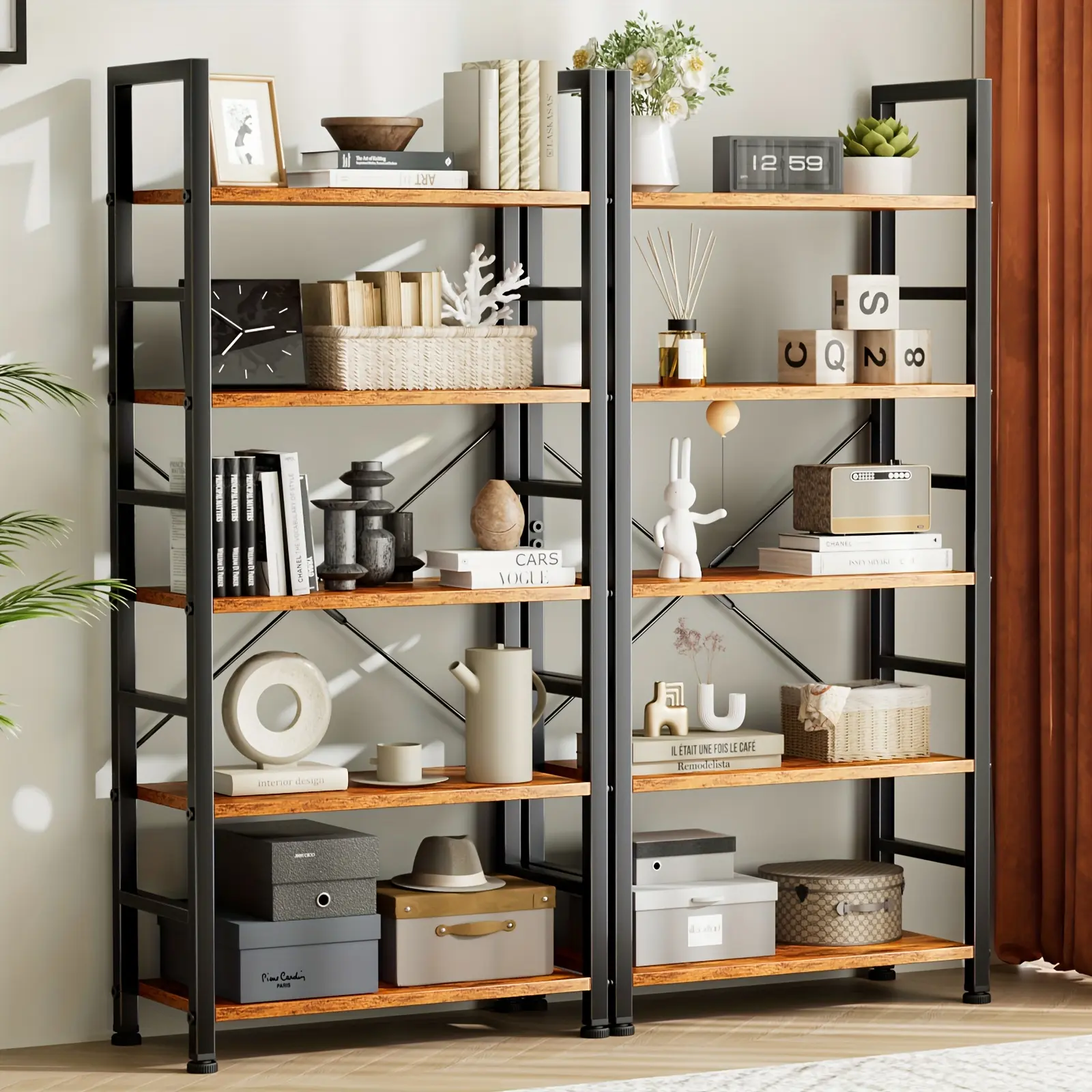 Vintage Rectangle 5-Tier Metal Bookshelf - Durable Open Storage Rack, Shelves for Bedroom, Home Supplies Organizer, Displaying Collectibles, Rustic Chic Living Room Furniture
