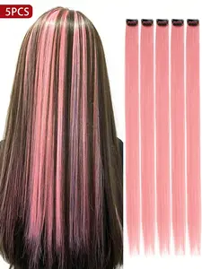 5PCS Long Straight Dusty Pink Clip-In Hair Extensions – 20 Inch Synthetic Strands for Women’s Cosplay, Dance Parties & Holiday Celebrations
