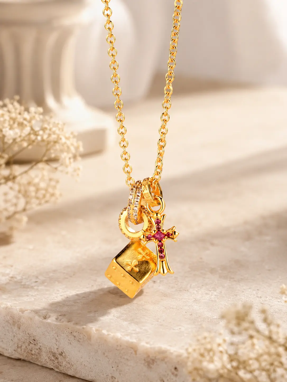 Gold-Tone Layered Necklace for Women, Korean Style Dainty Layering Jewelry with Compass & Cross Pendants, Bling Effect for a Gold Aesthetic, Graduation Gift, Cross Chain Design, Stylish Accessories, Cross Necklaces