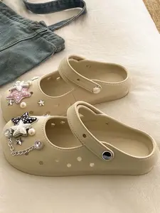 Women's Mary Jane Platform Clogs - Star Pearl Chain Decor, Black Thick Sole EVA, Breathable Non-Slip Sandals for Y2K & Daily Casual Wear